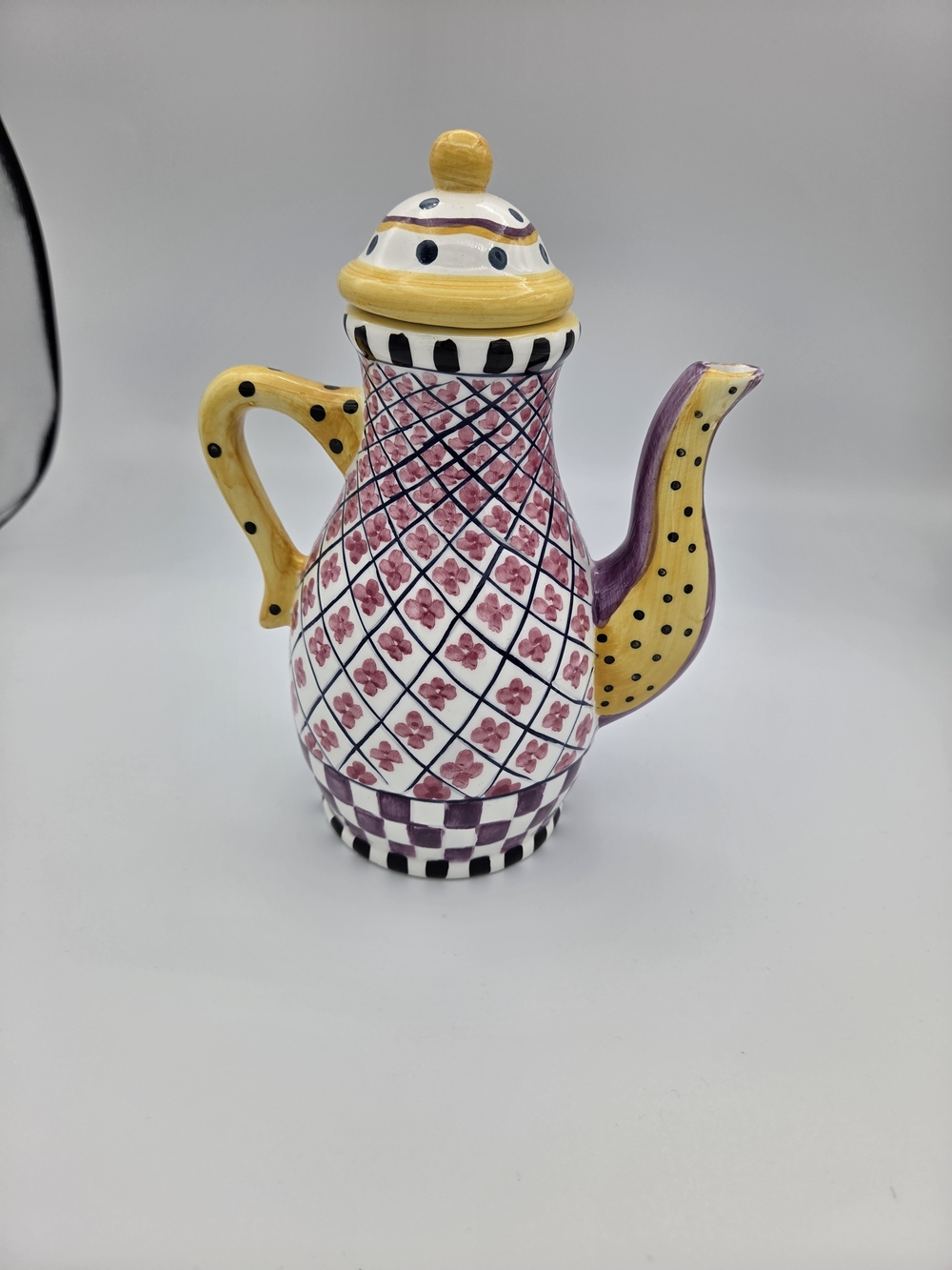 Whimsical Ceramic Teapot Checkered Pink Floral Polka Dot